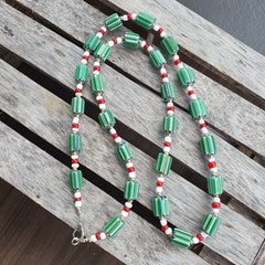 Green Chevron and White Heart Venetian Beads Glass Beads Necklace NCC-3