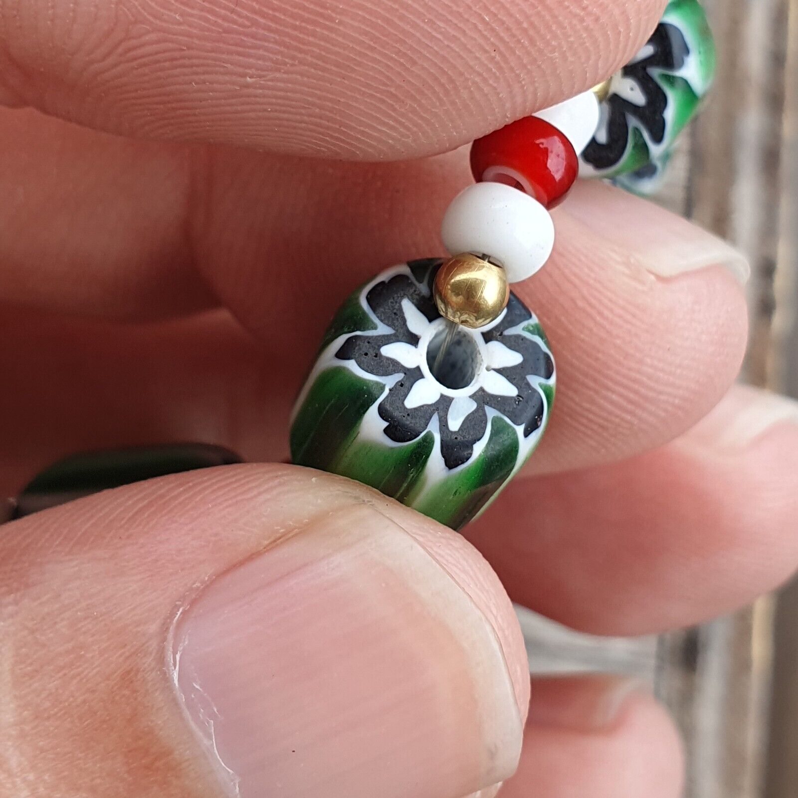 Green Chevron and White Heart Venetian Beads Glass Beads Necklace NCC-3