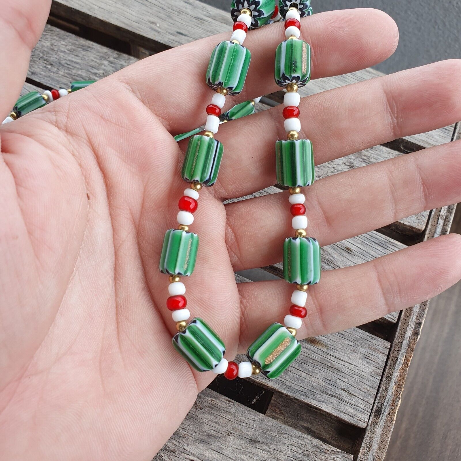Green Chevron and White Heart Venetian Beads Glass Beads Necklace NCC-3