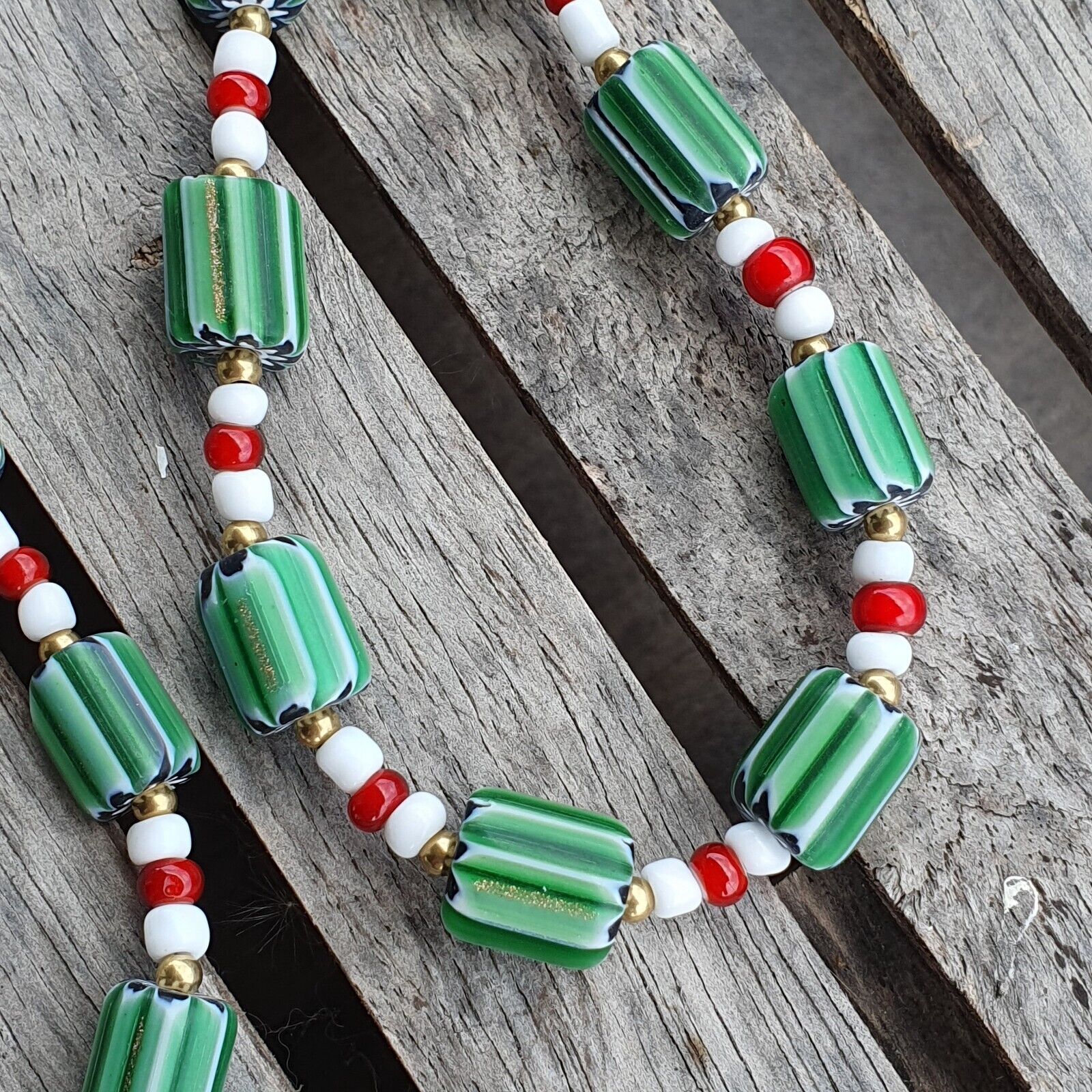 Green Chevron and White Heart Venetian Beads Glass Beads Necklace NCC-3