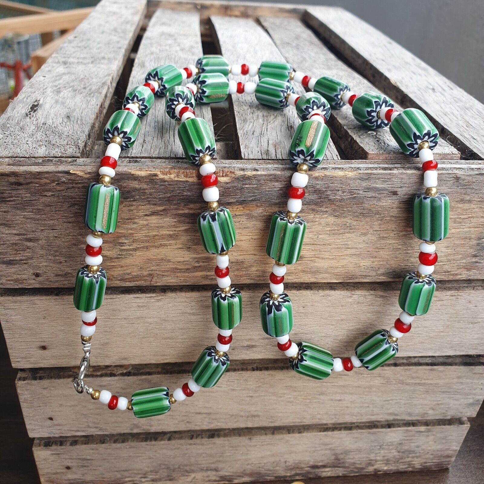 Green Chevron and White Heart Venetian Beads Glass Beads Necklace NCC-3
