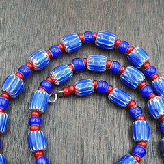 Vintage Venetian White heart With Blue Chevron Glass Beads Necklace. BG-14