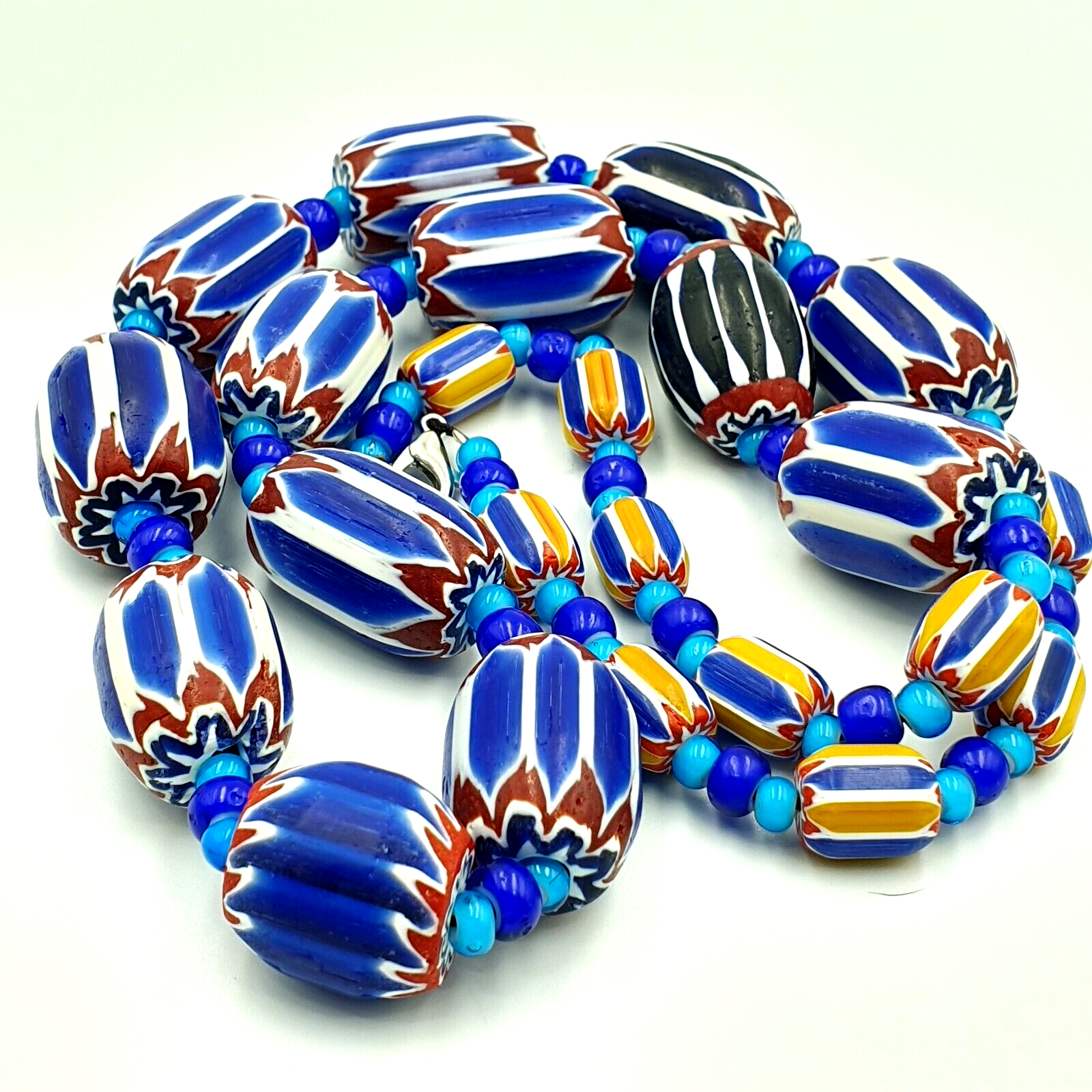 Vintage Venetian White heart With Blue Chevron Glass Beads Necklace. BG-12