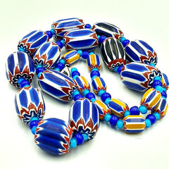 Vintage Venetian White heart With Blue Chevron Glass Beads Necklace. BG-12