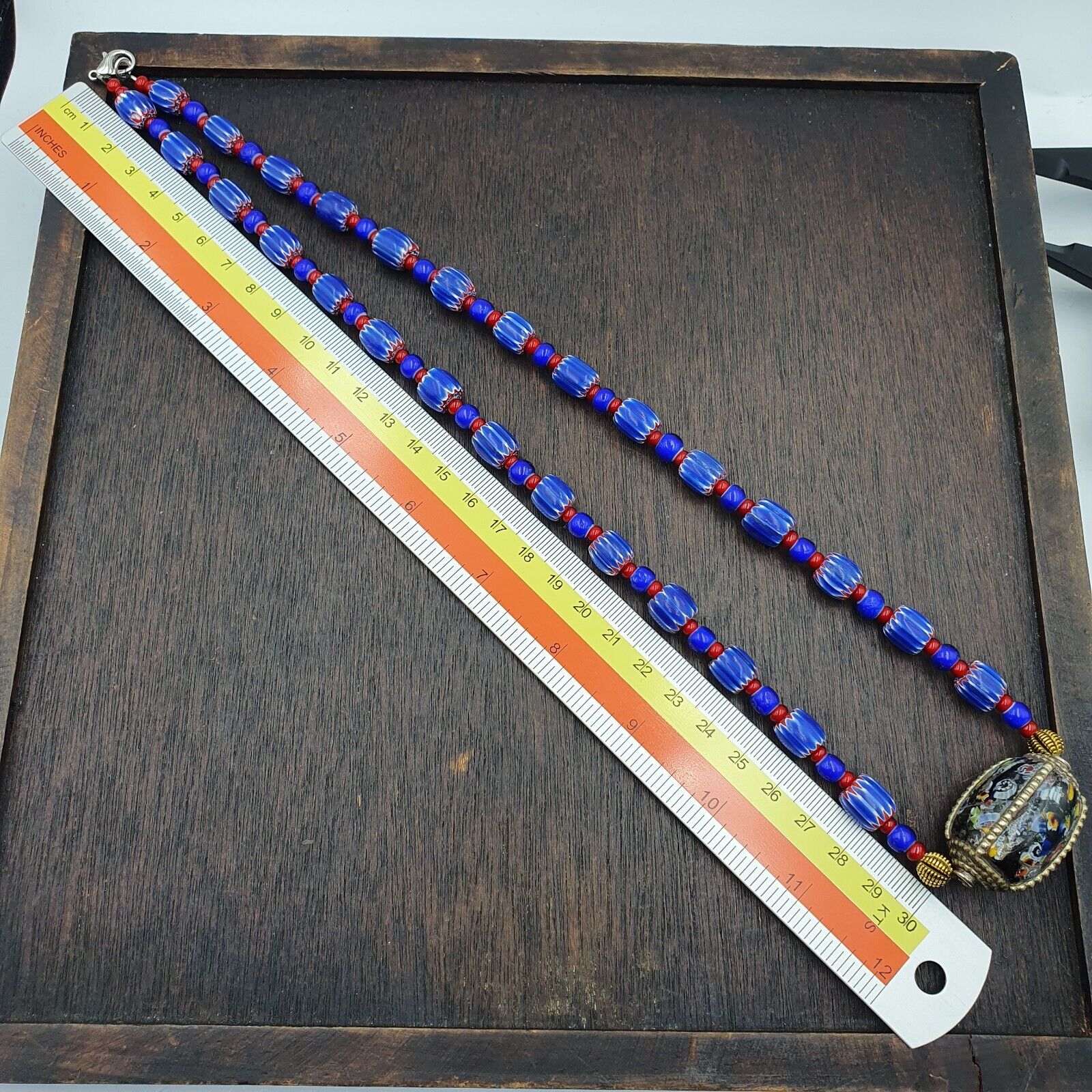 Vintage Venetian White heart With Blue Chevron Glass Beads Necklace. BG-14