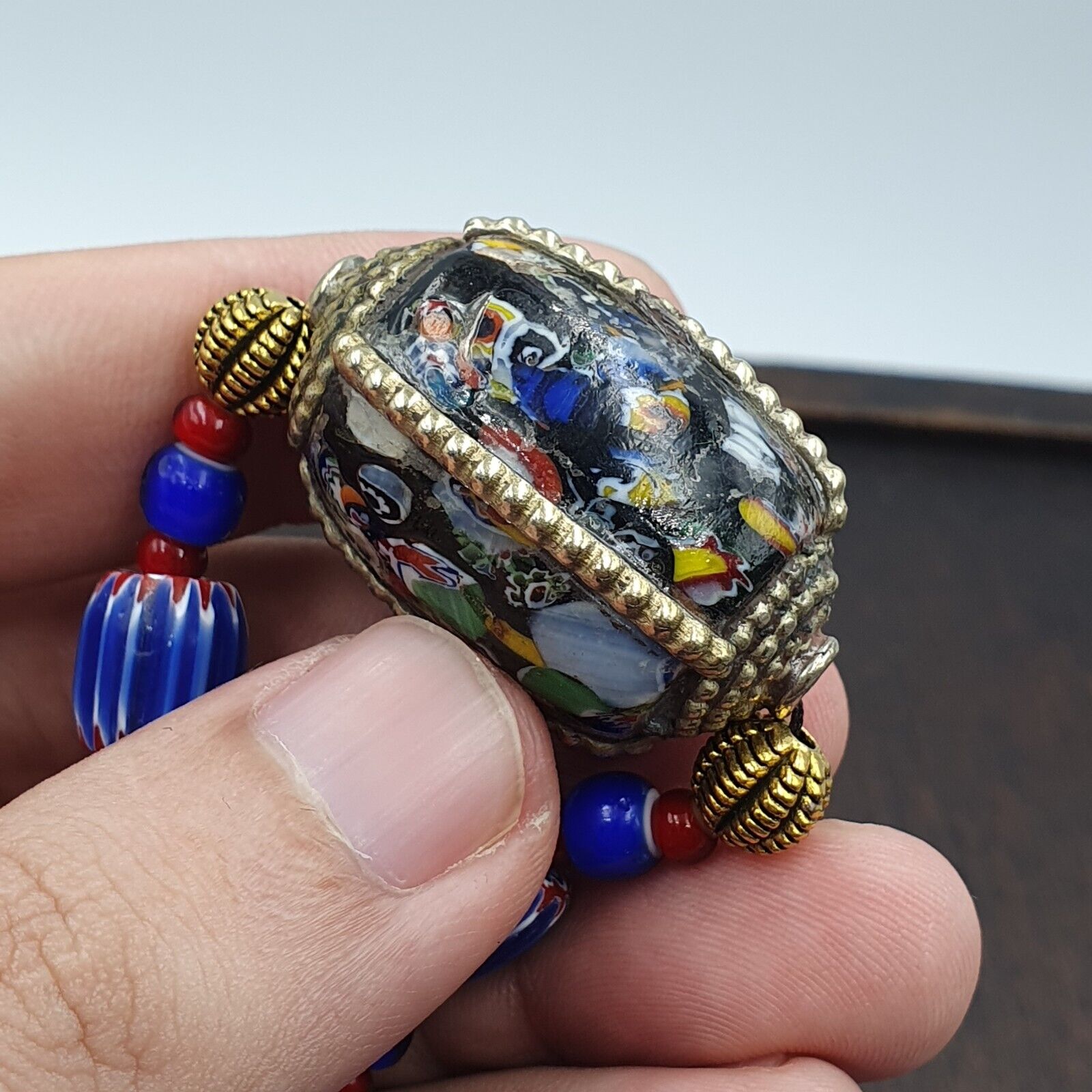 Vintage Venetian White heart With Blue Chevron Glass Beads Necklace. BG-14