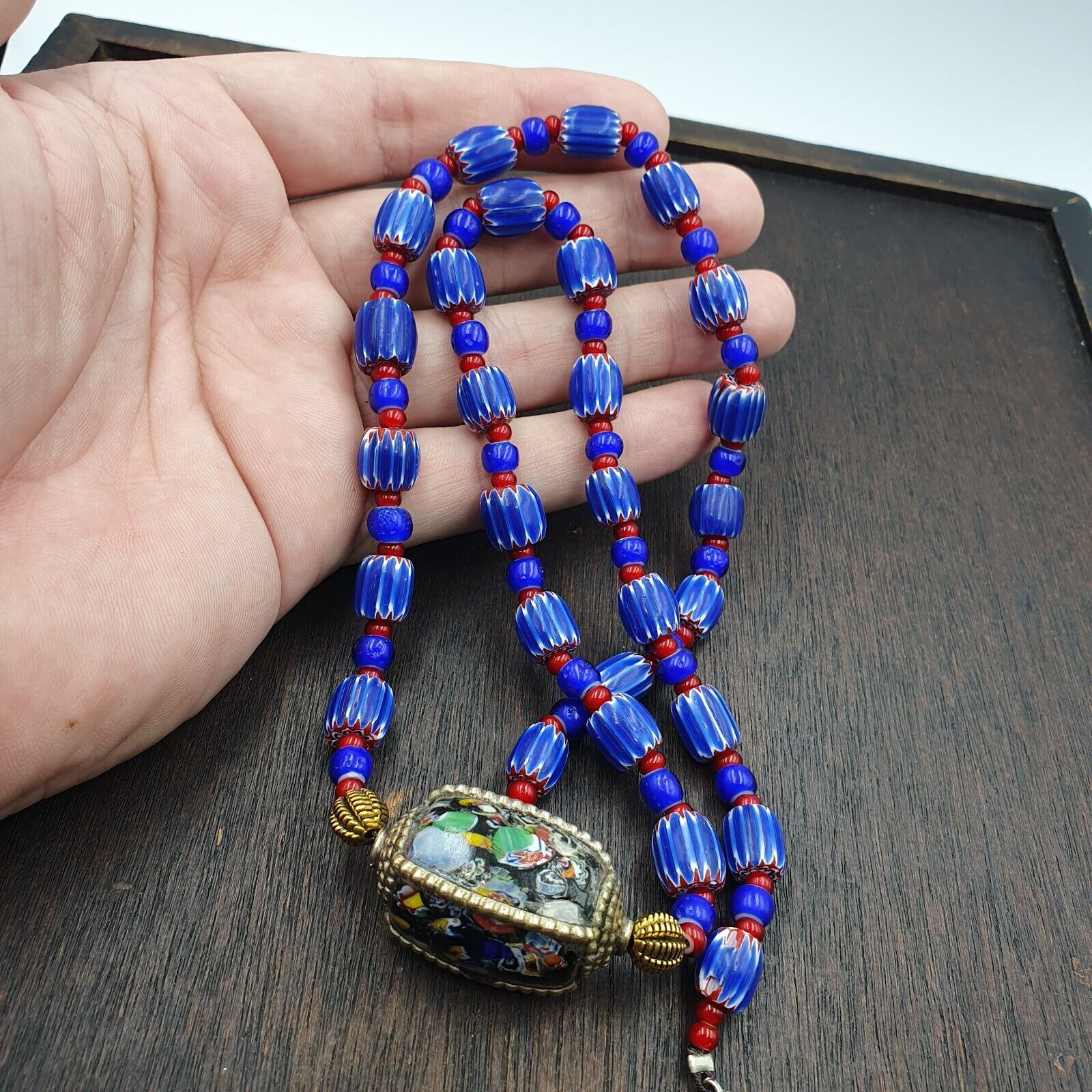 Vintage Venetian White heart With Blue Chevron Glass Beads Necklace. BG-14