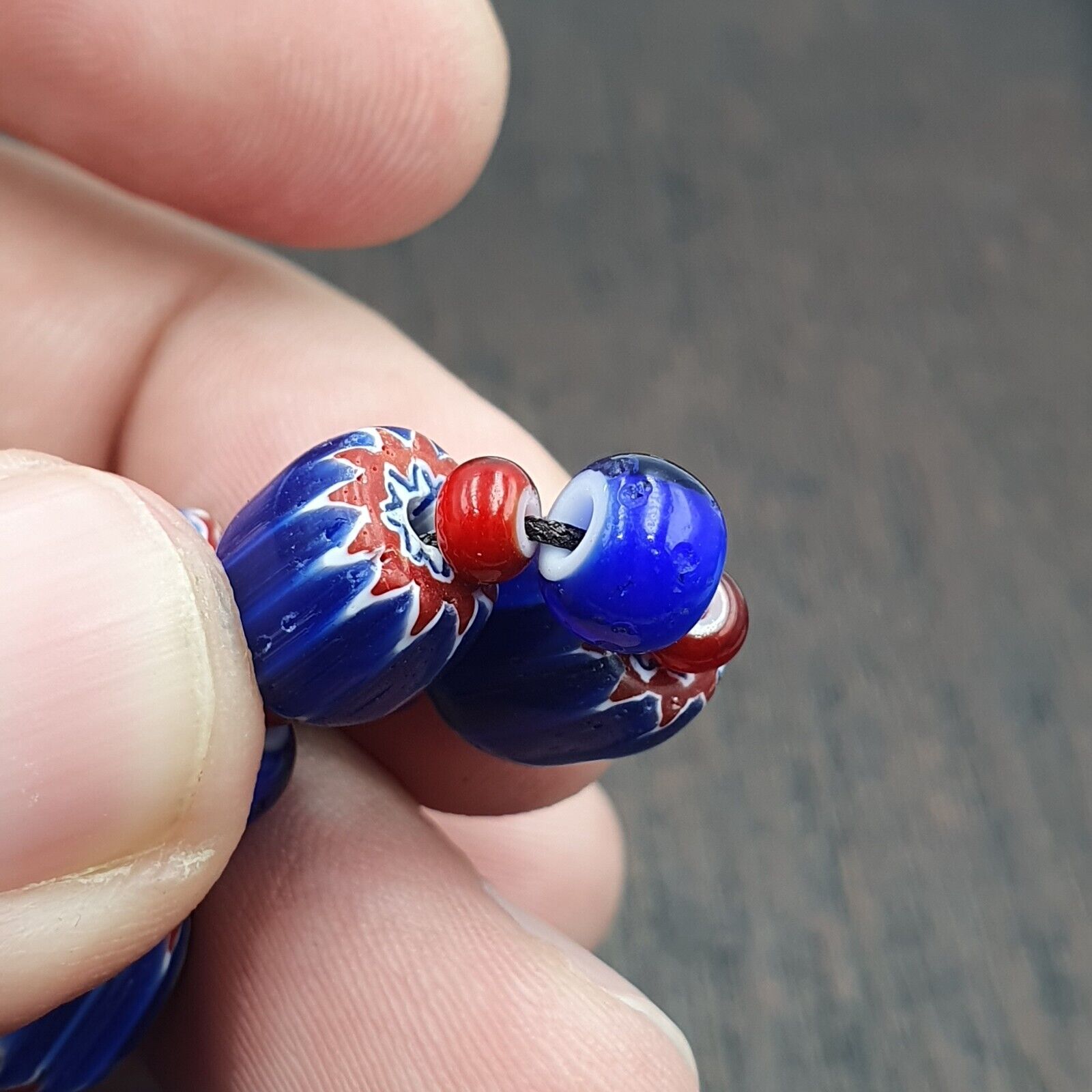 Vintage Venetian White heart With Blue Chevron Glass Beads Necklace. BG-14