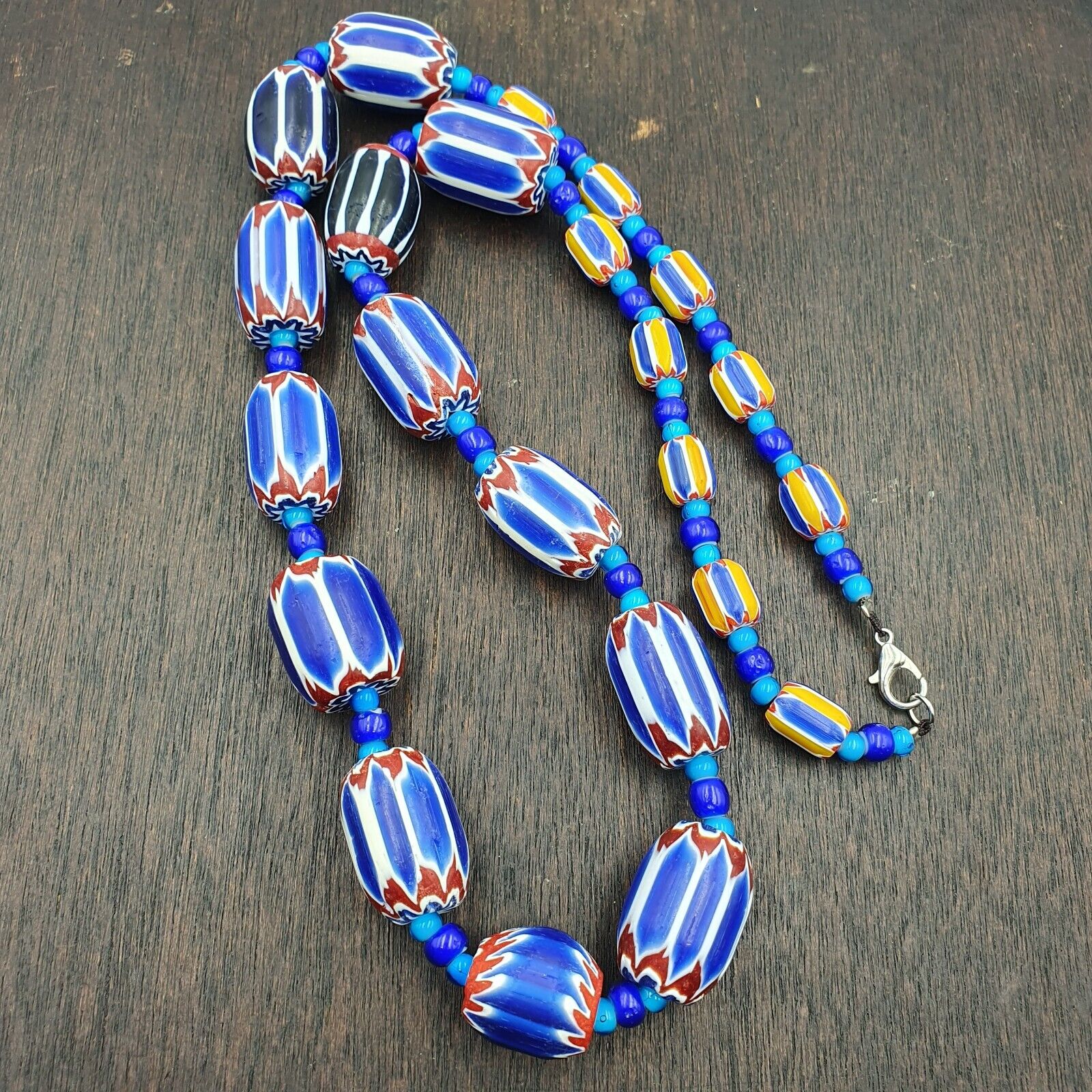 Vintage Venetian White heart With Blue Chevron Glass Beads Necklace. BG-12