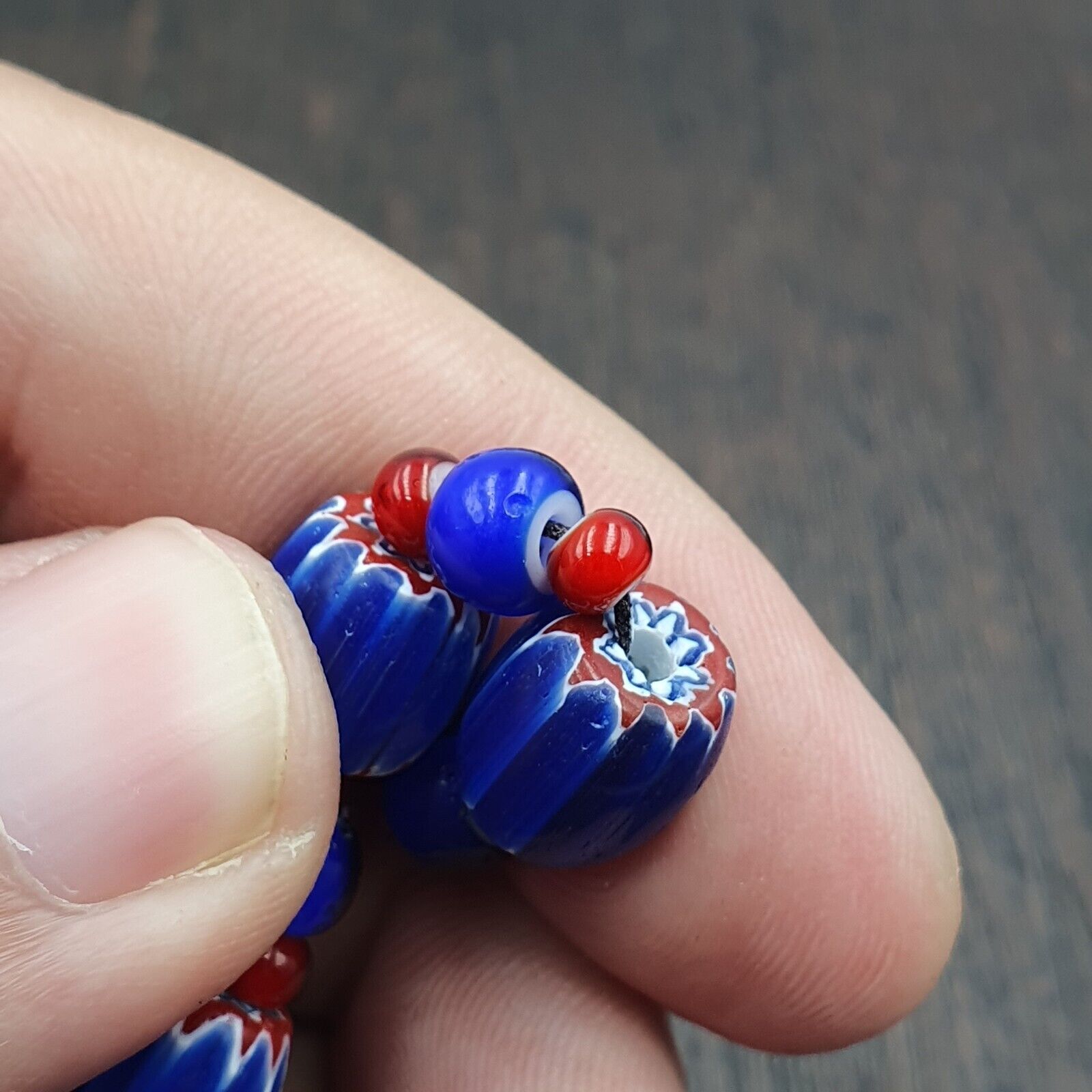 Vintage Venetian White heart With Blue Chevron Glass Beads Necklace. BG-14