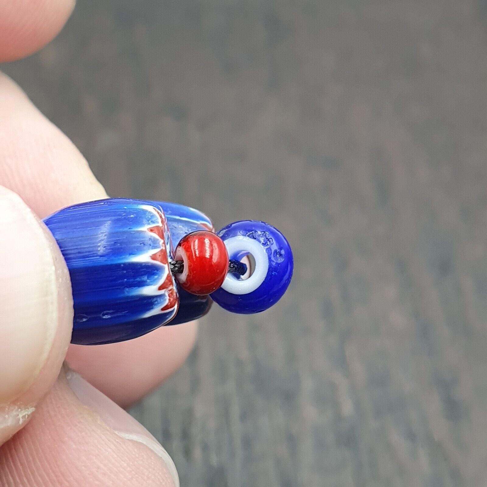 Vintage Venetian White heart With Blue Chevron Glass Beads Necklace. BG-14