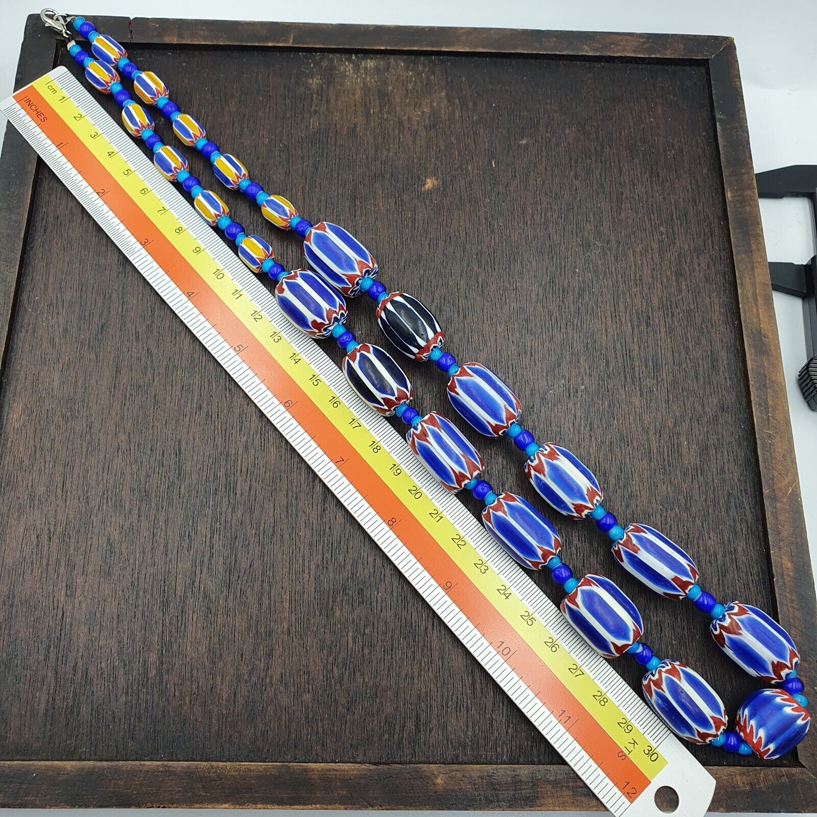 Vintage Venetian White heart With Blue Chevron Glass Beads Necklace. BG-12