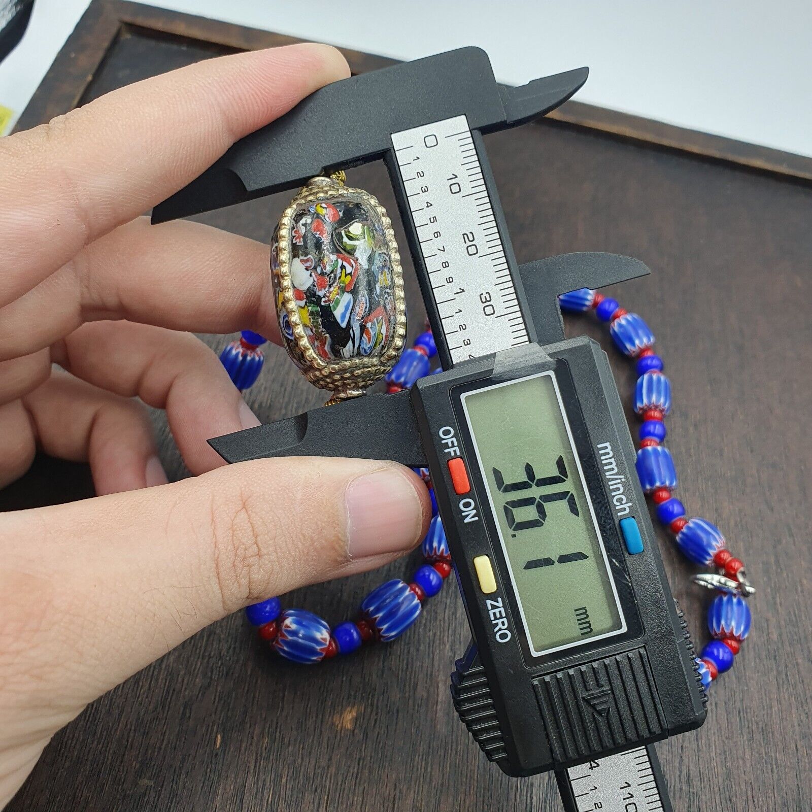 Vintage Venetian White heart With Blue Chevron Glass Beads Necklace. BG-14