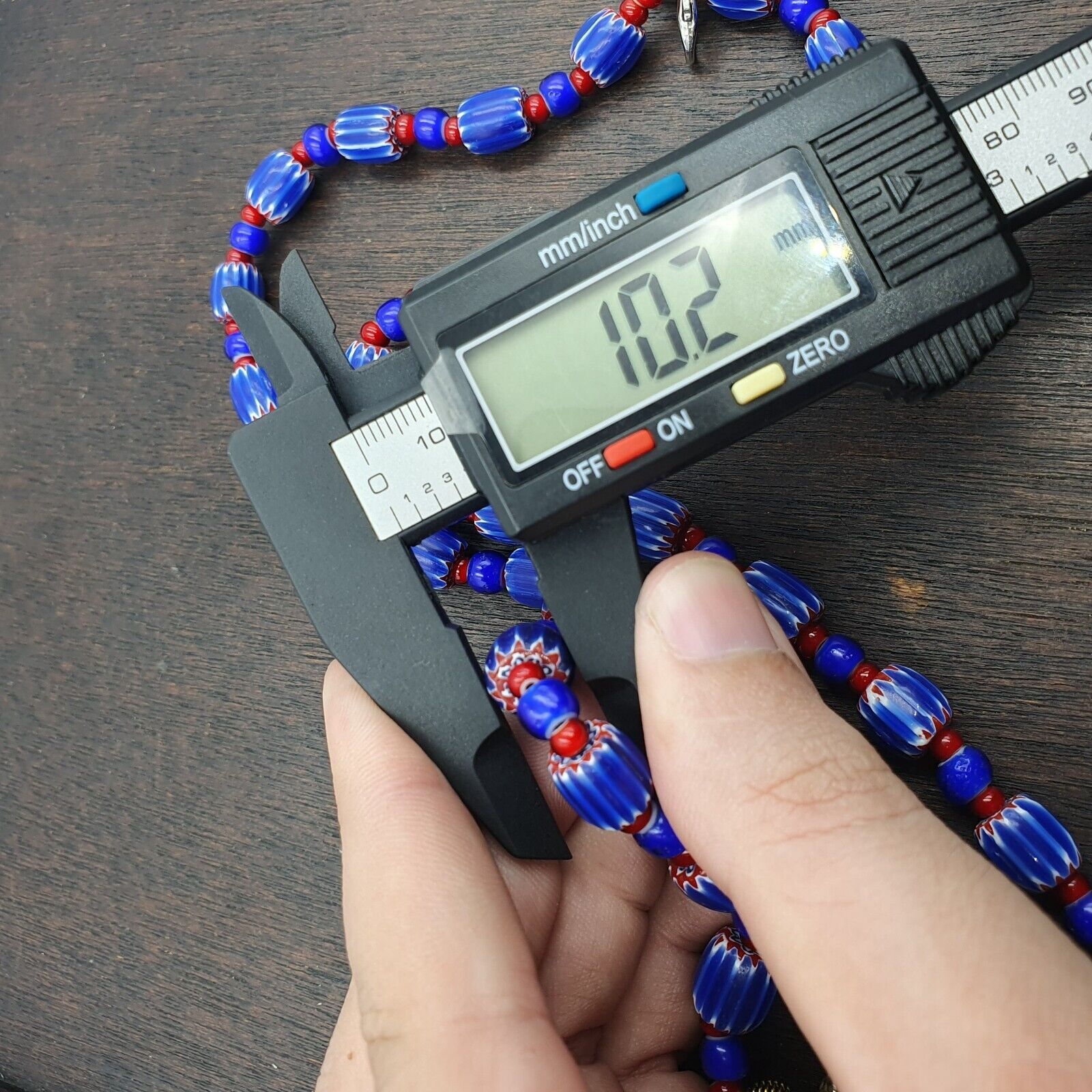 Vintage Venetian White heart With Blue Chevron Glass Beads Necklace. BG-14