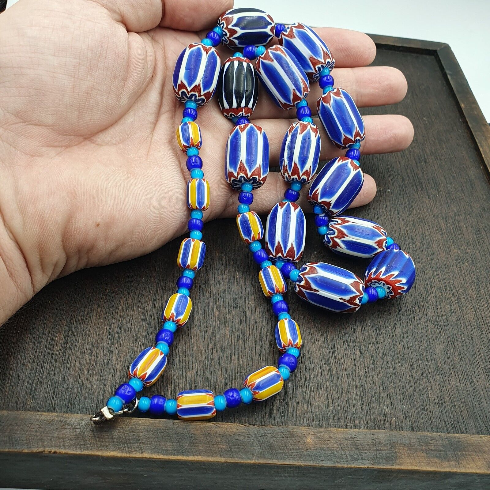 Vintage Venetian White heart With Blue Chevron Glass Beads Necklace. BG-12