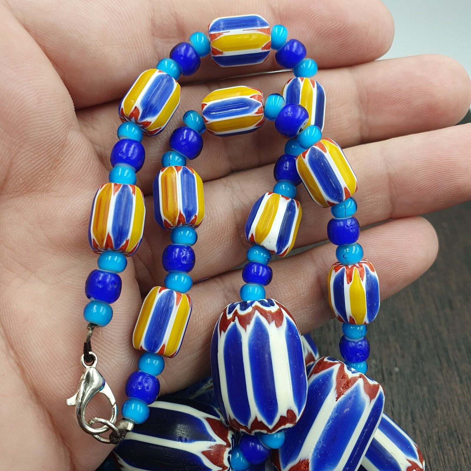 Vintage Venetian White heart With Blue Chevron Glass Beads Necklace. BG-12