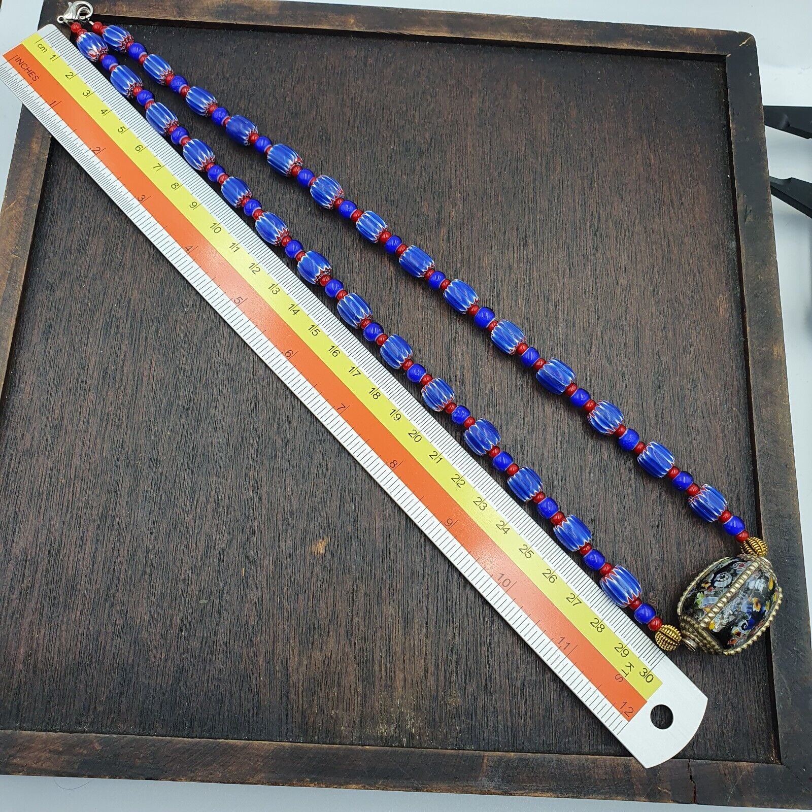 Vintage Venetian White heart With Blue Chevron Glass Beads Necklace. BG-14