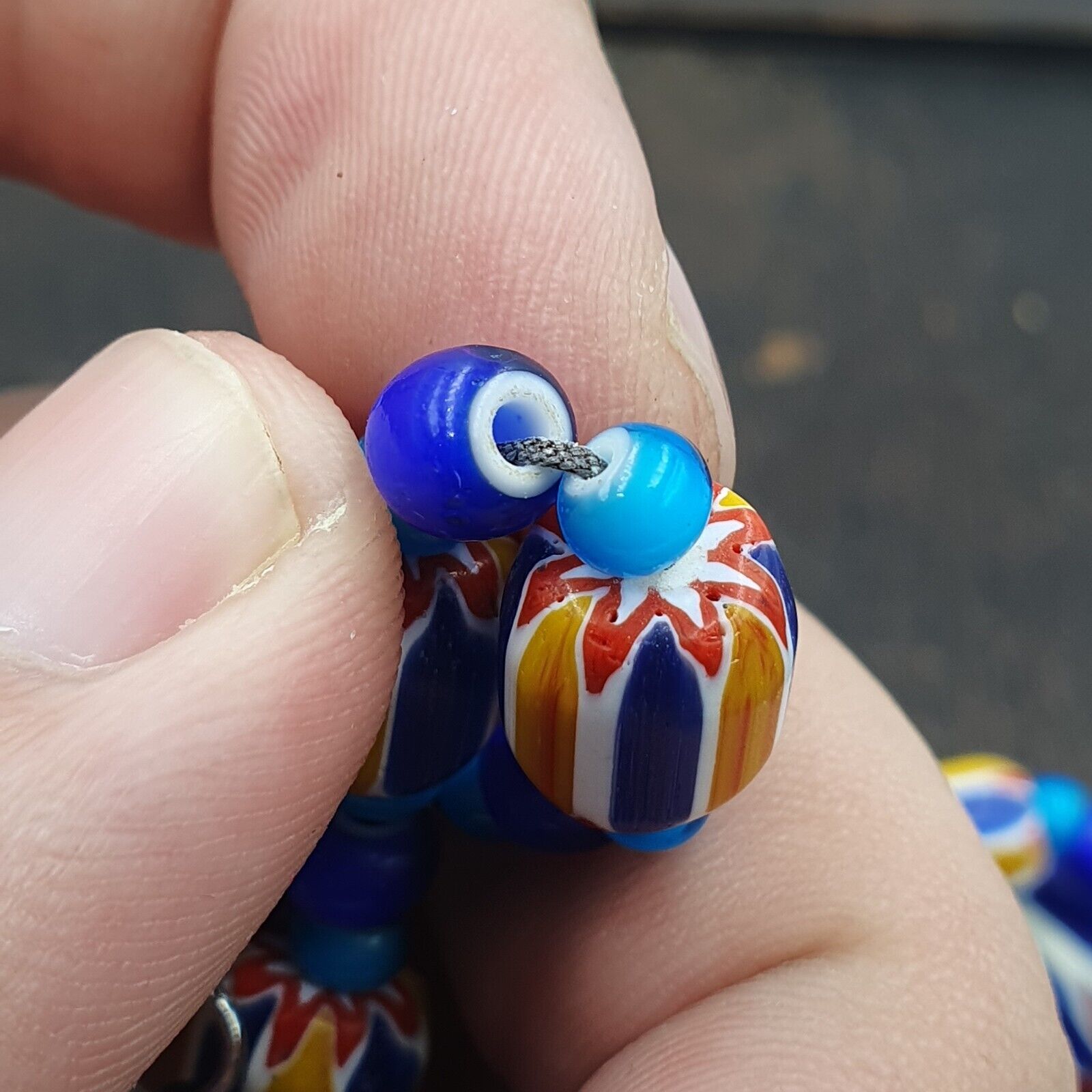 Vintage Venetian White heart With Blue Chevron Glass Beads Necklace. BG-12