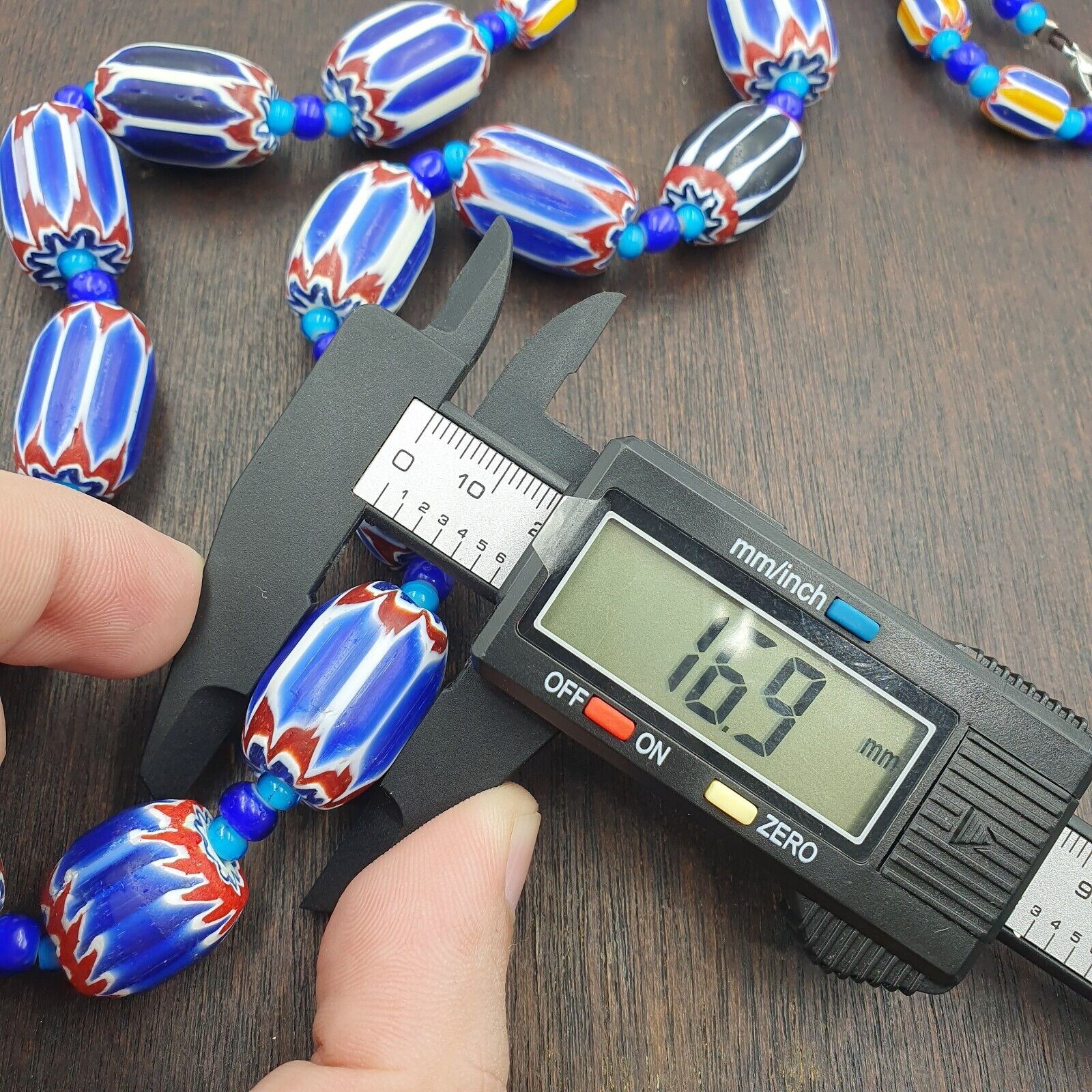 Vintage Venetian White heart With Blue Chevron Glass Beads Necklace. BG-12