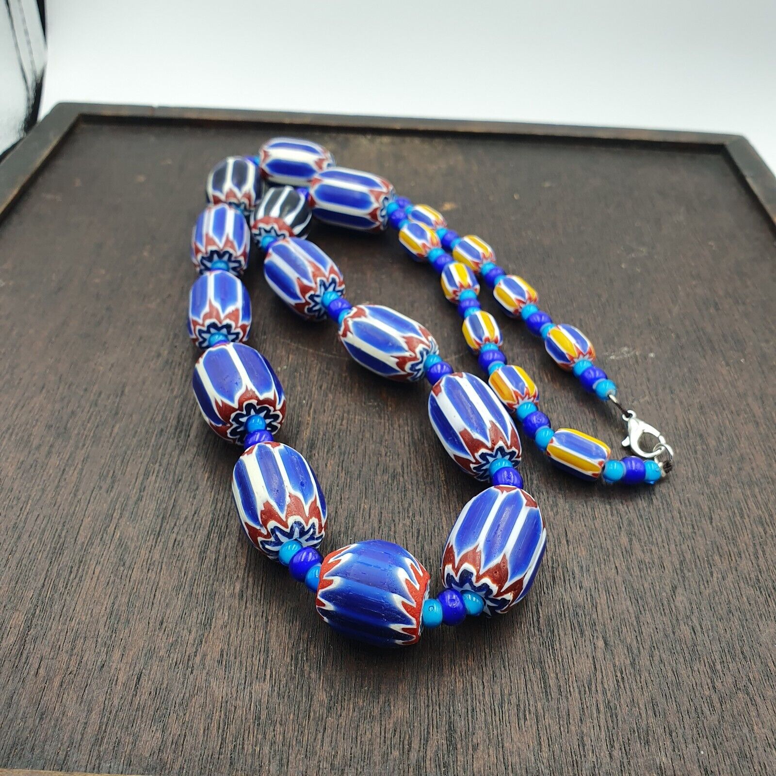 Vintage Venetian White heart With Blue Chevron Glass Beads Necklace. BG-12