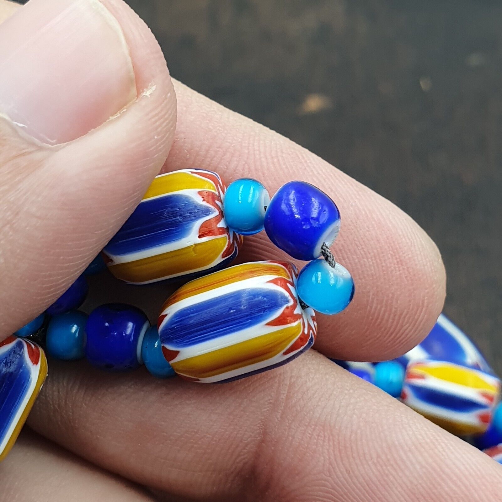 Vintage Venetian White heart With Blue Chevron Glass Beads Necklace. BG-12