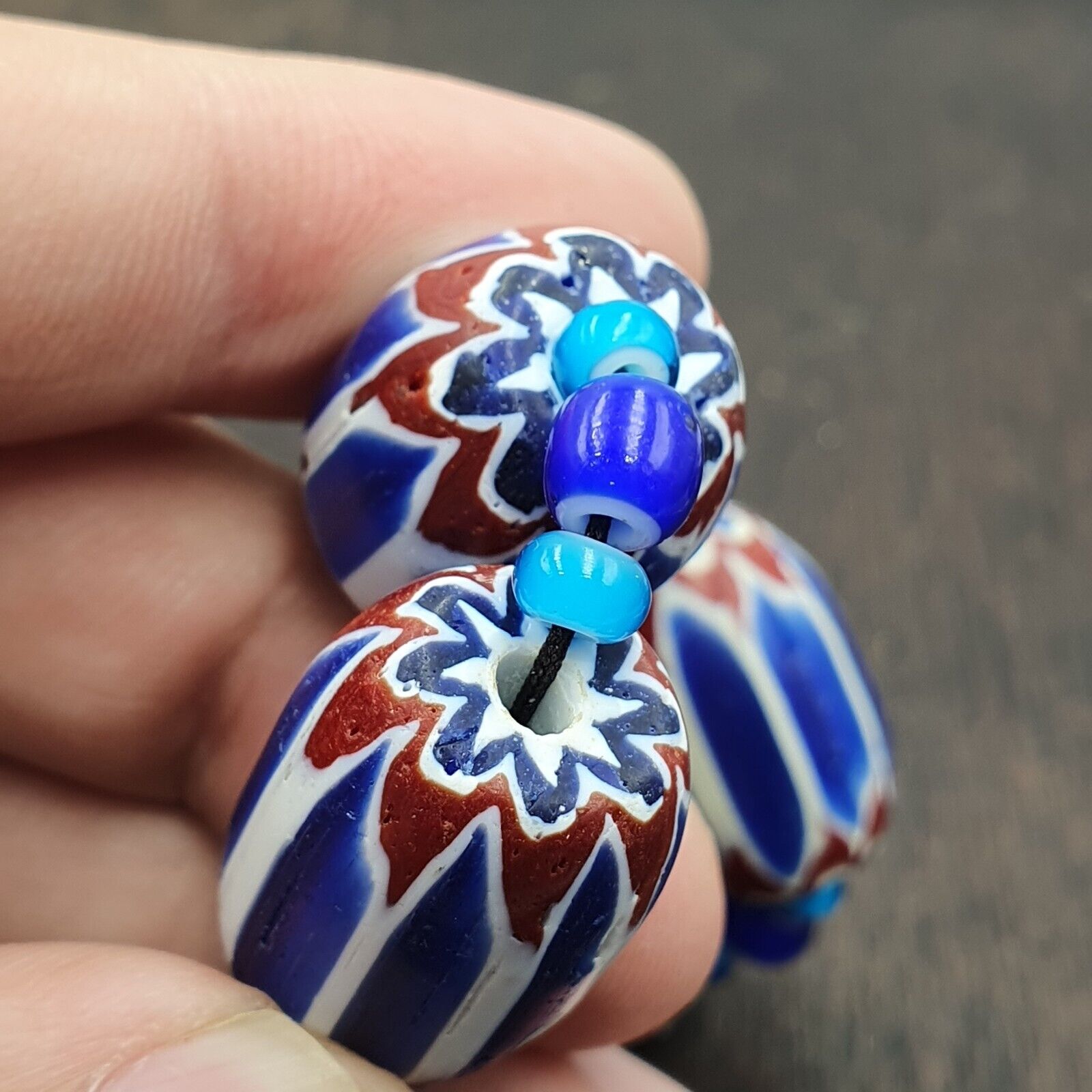 Vintage Venetian White heart With Blue Chevron Glass Beads Necklace. BG-12