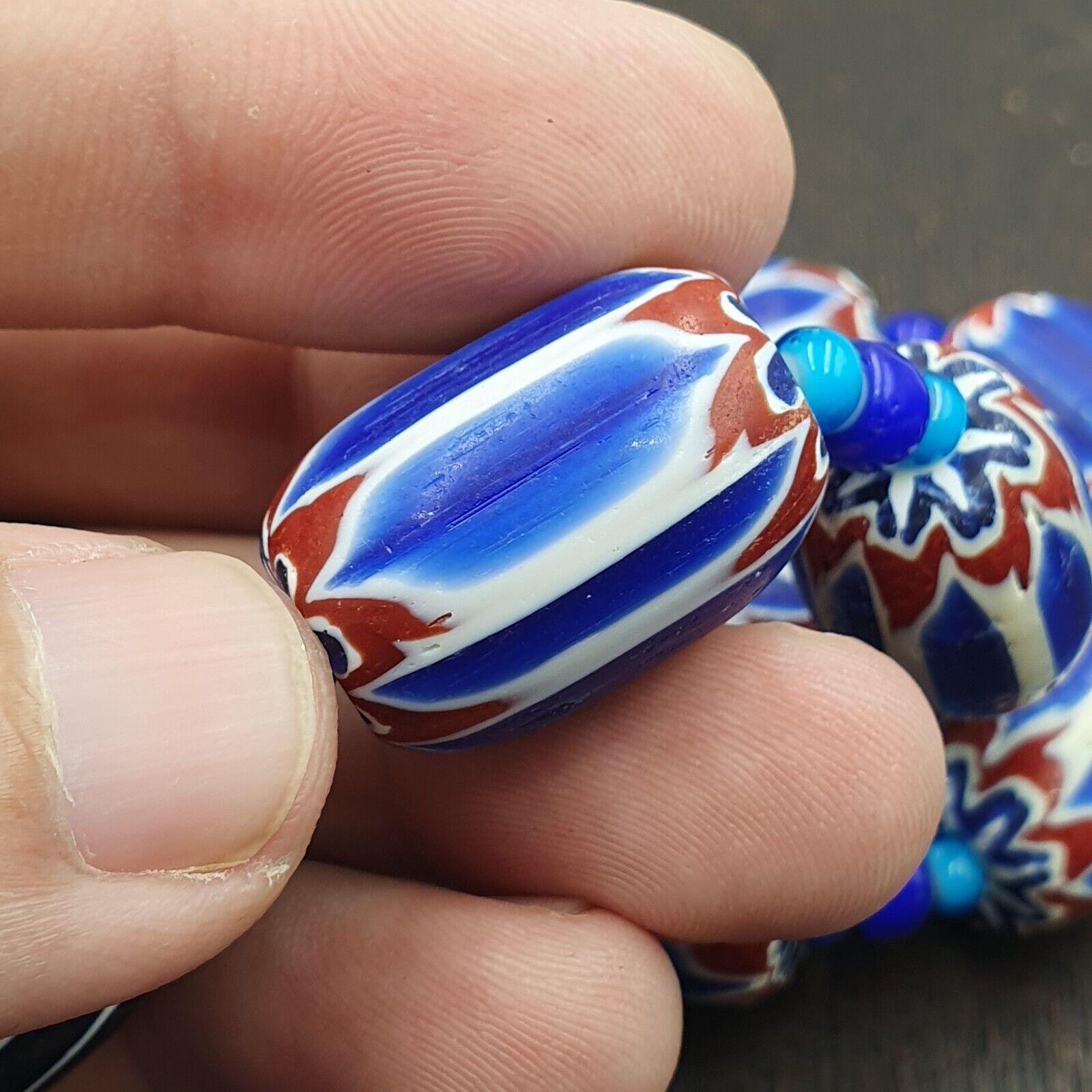 Vintage Venetian White heart With Blue Chevron Glass Beads Necklace. BG-12