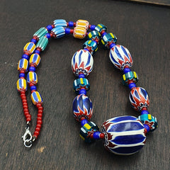 Vintage Venetian White heart With Blue Chevron Glass Beads Necklace. BG-13