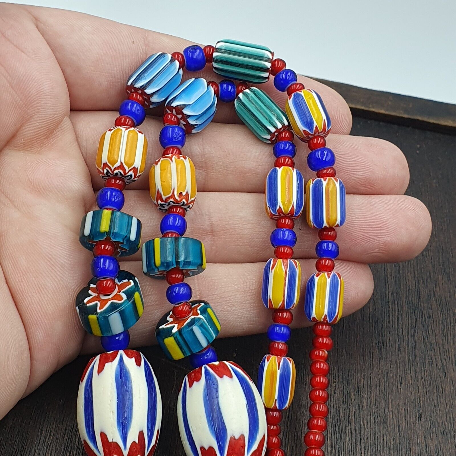 Vintage Venetian White heart With Blue Chevron Glass Beads Necklace. BG-13