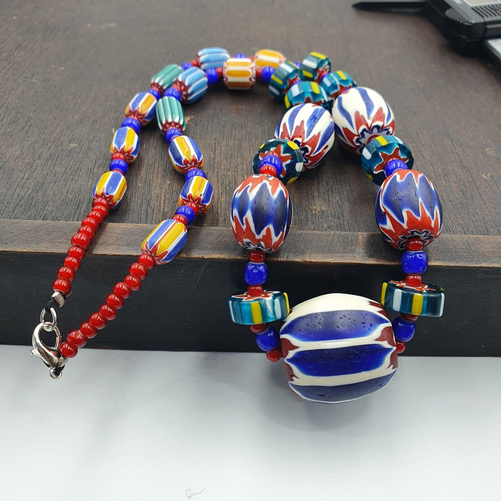 Vintage Venetian White heart With Blue Chevron Glass Beads Necklace. BG-13