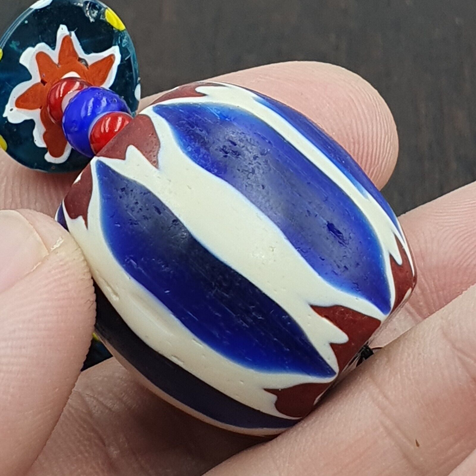 Vintage Venetian White heart With Blue Chevron Glass Beads Necklace. BG-13