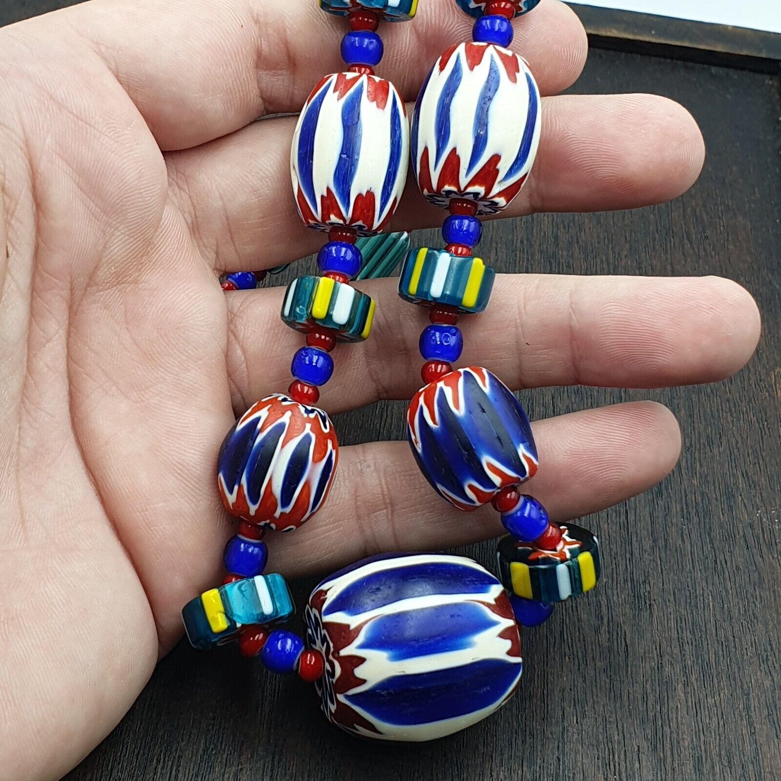 Vintage Venetian White heart With Blue Chevron Glass Beads Necklace. BG-13