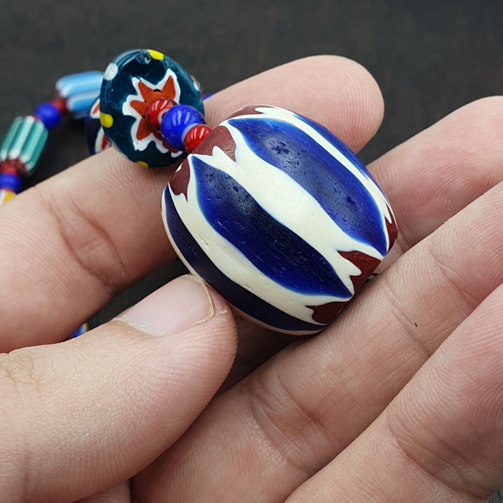 Vintage Venetian White heart With Blue Chevron Glass Beads Necklace. BG-13