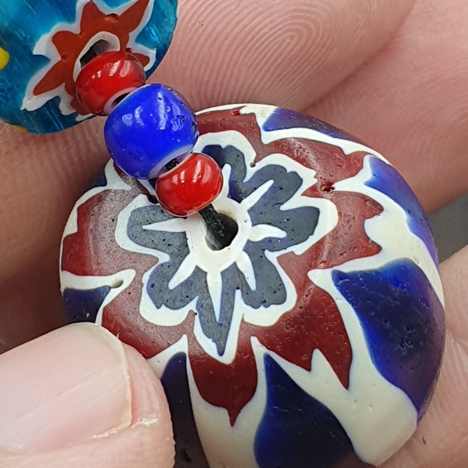 Vintage Venetian White heart With Blue Chevron Glass Beads Necklace. BG-13