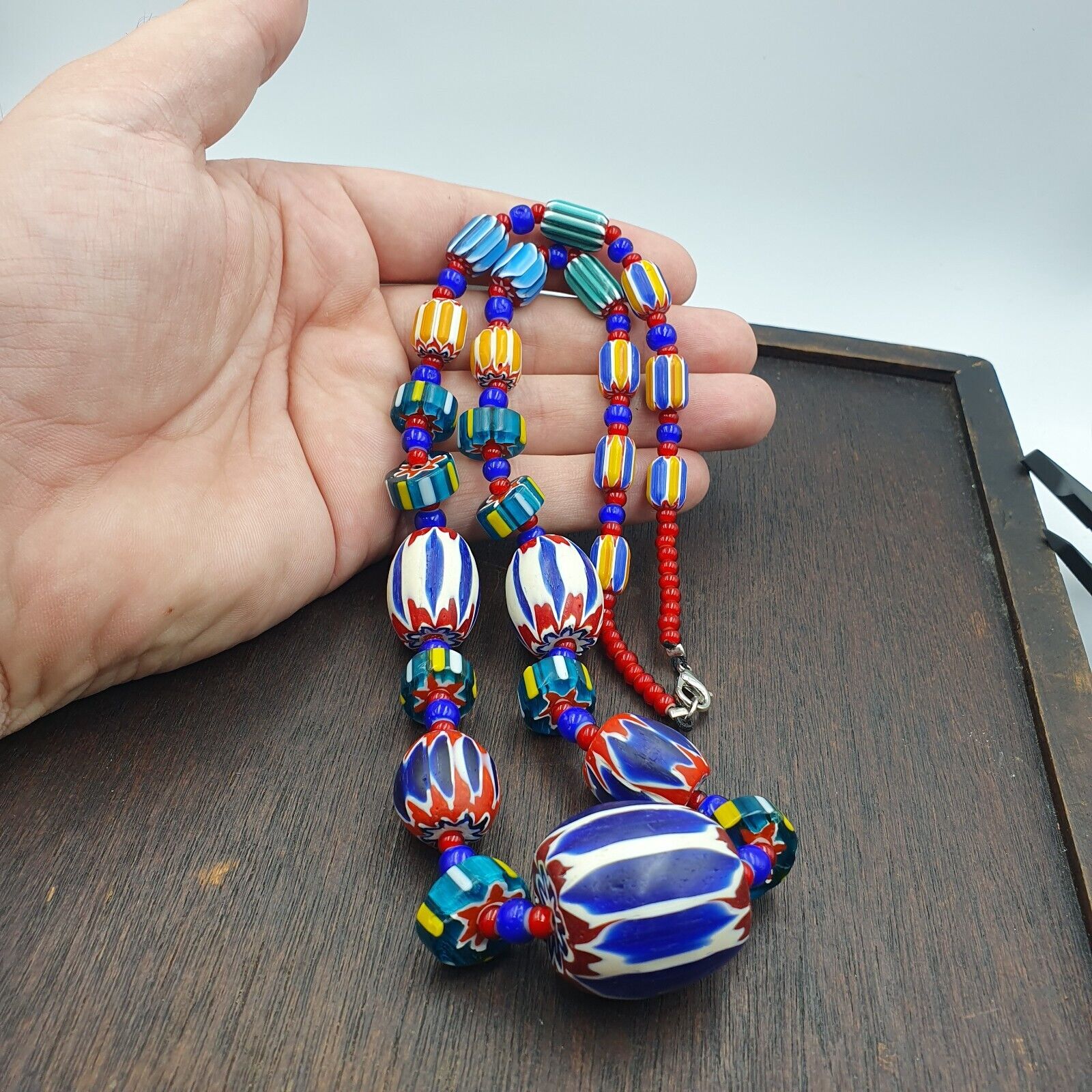 Vintage Venetian White heart With Blue Chevron Glass Beads Necklace. BG-13