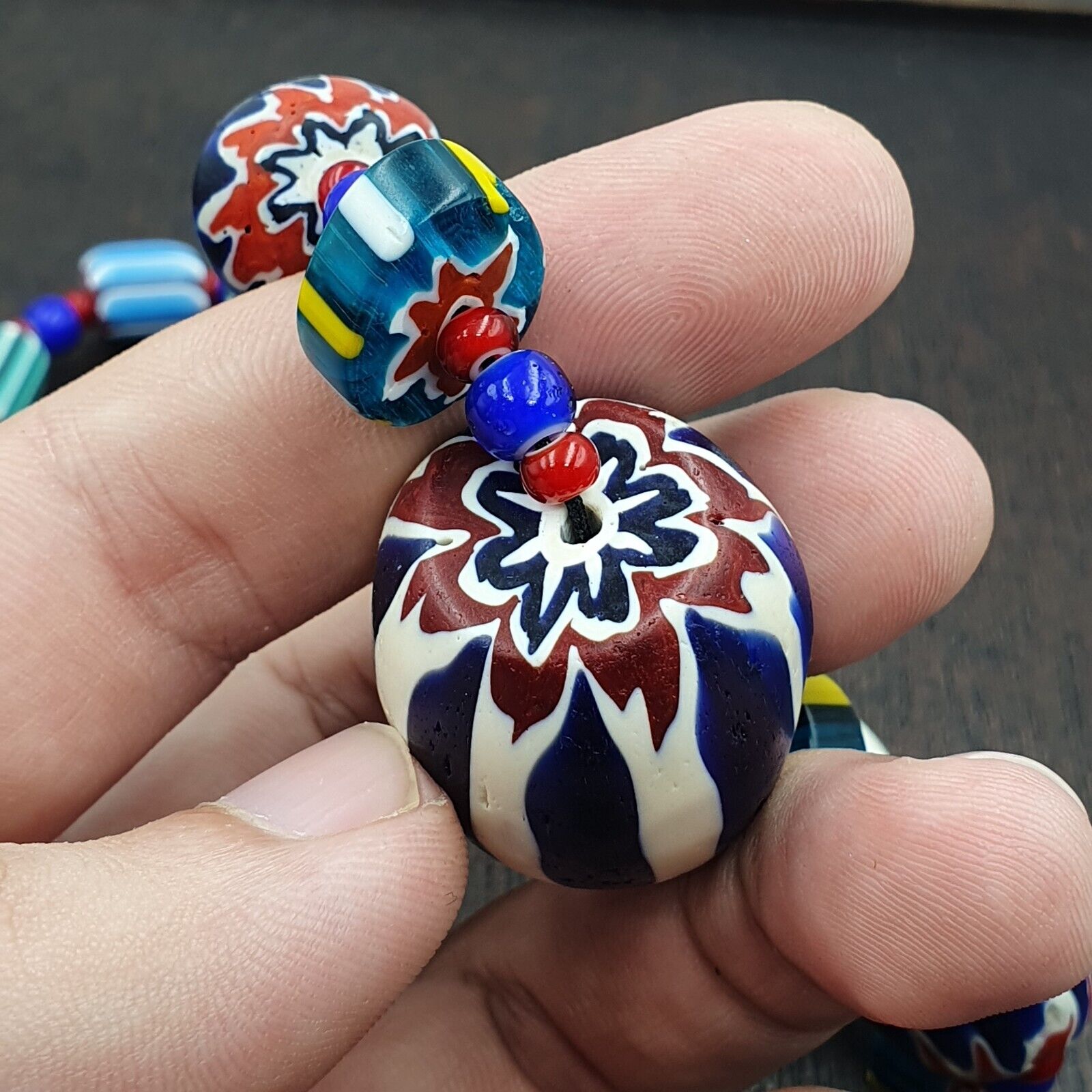 Vintage Venetian White heart With Blue Chevron Glass Beads Necklace. BG-13