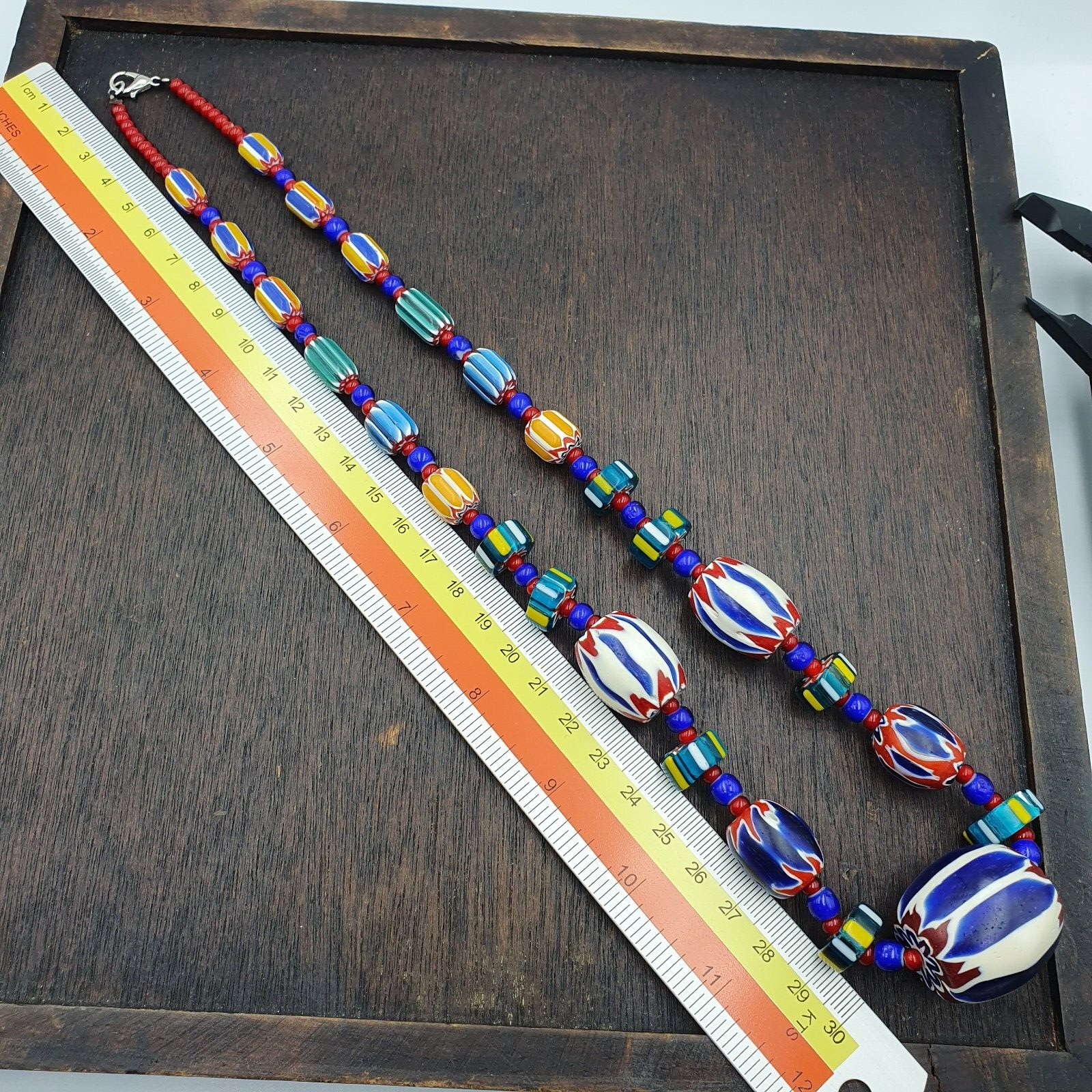 Vintage Venetian White heart With Blue Chevron Glass Beads Necklace. BG-13