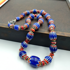 Vintage Blue Chevron & Venetian Style 6mm Red Chevron Beads Necklace NC-B-3