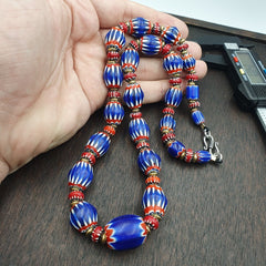Vintage Blue Chevron & Venetian Style 6mm Red Chevron Beads Necklace NC-B-3