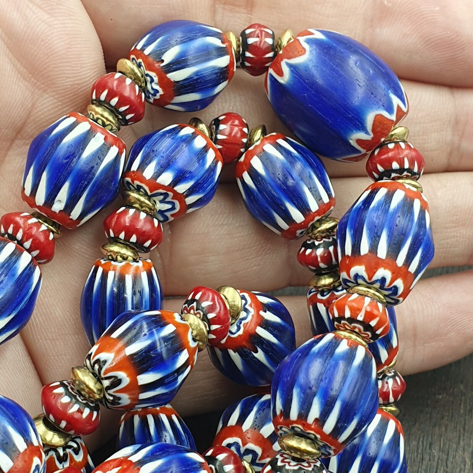 Vintage Blue Chevron & Venetian Style 6mm Red Chevron Beads Necklace NC-B-3
