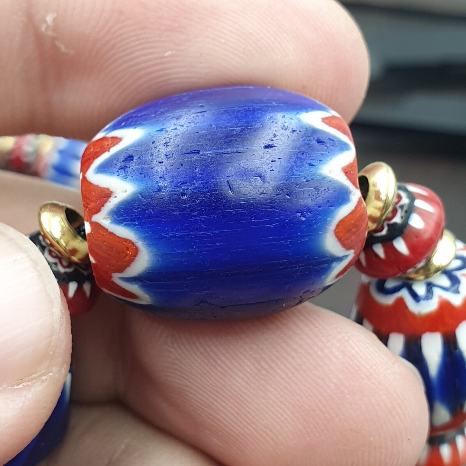 Vintage Blue Chevron & Venetian Style 6mm Red Chevron Beads Necklace NC-B-3