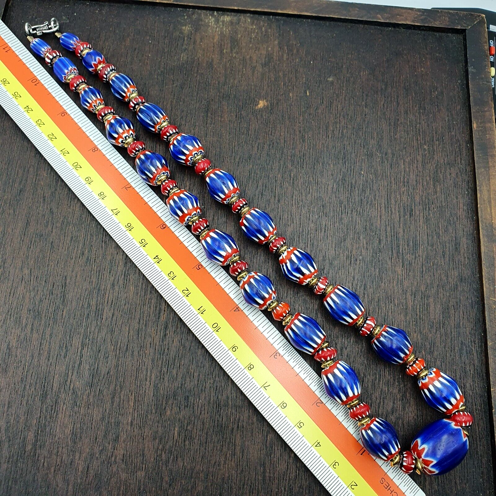 Vintage Blue Chevron & Venetian Style 6mm Red Chevron Beads Necklace NC-B-3