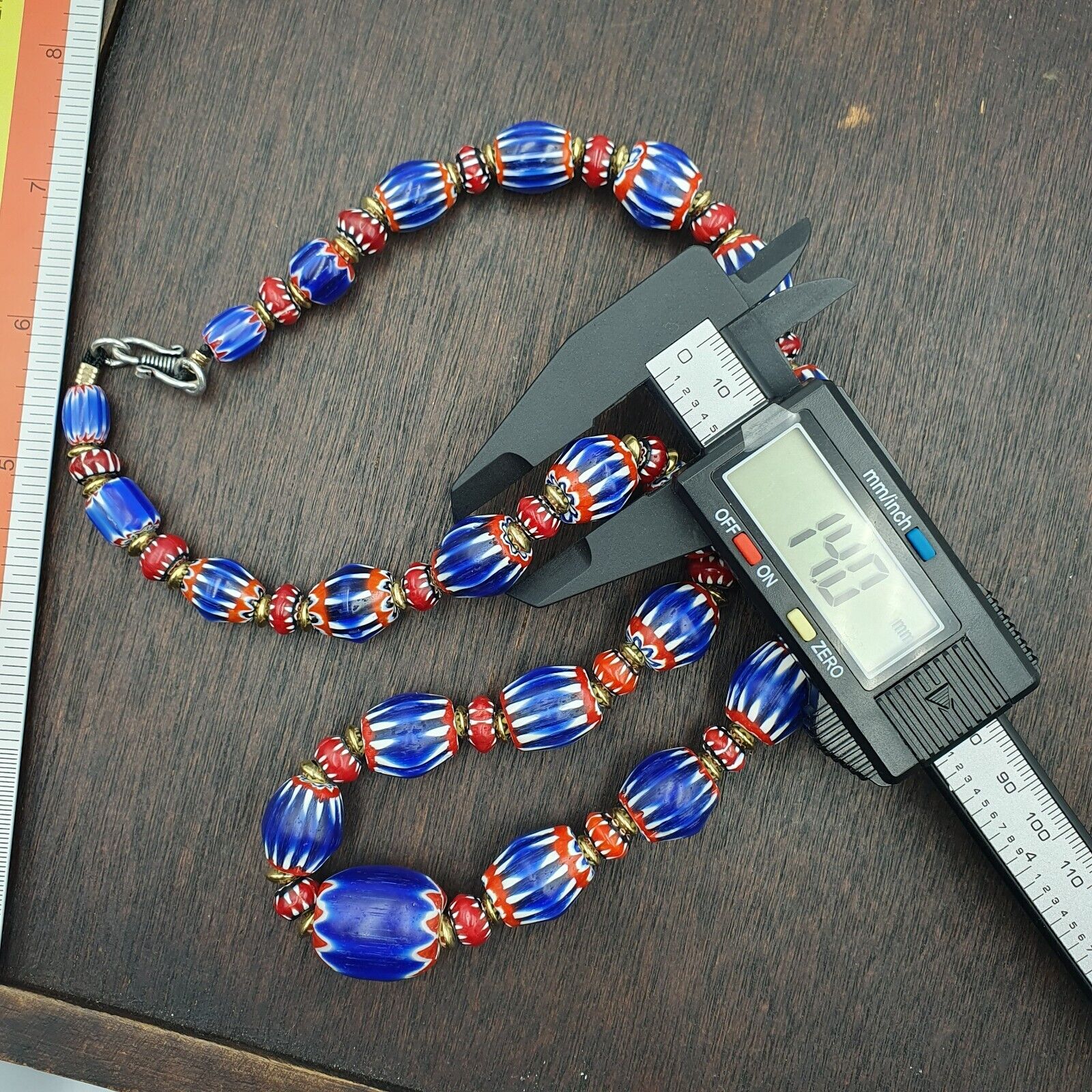 Vintage Blue Chevron & Venetian Style 6mm Red Chevron Beads Necklace NC-B-3