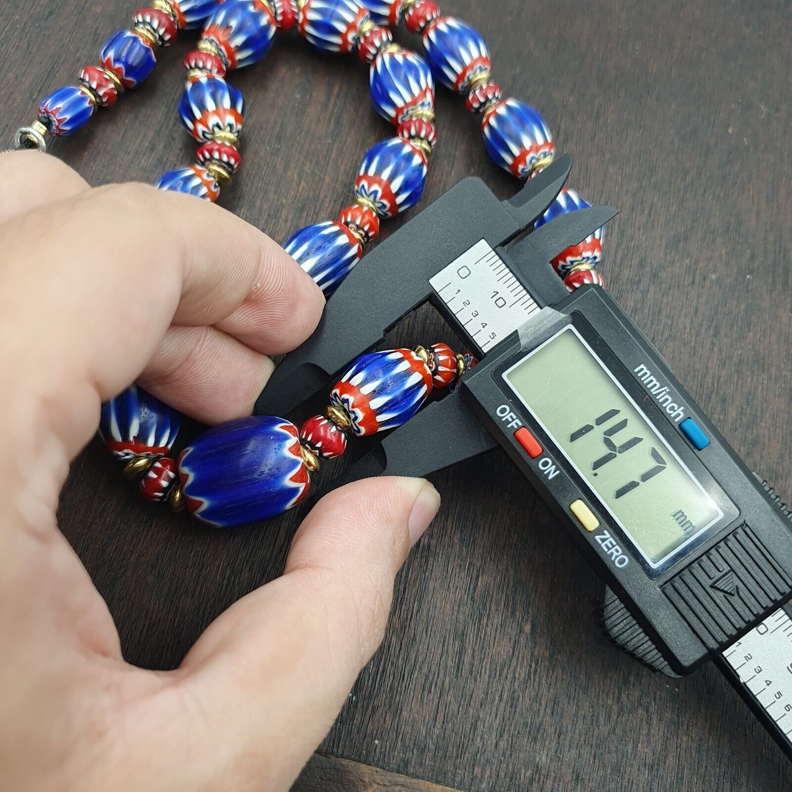 Vintage Blue Chevron & Venetian Style 6mm Red Chevron Beads Necklace NC-B-3