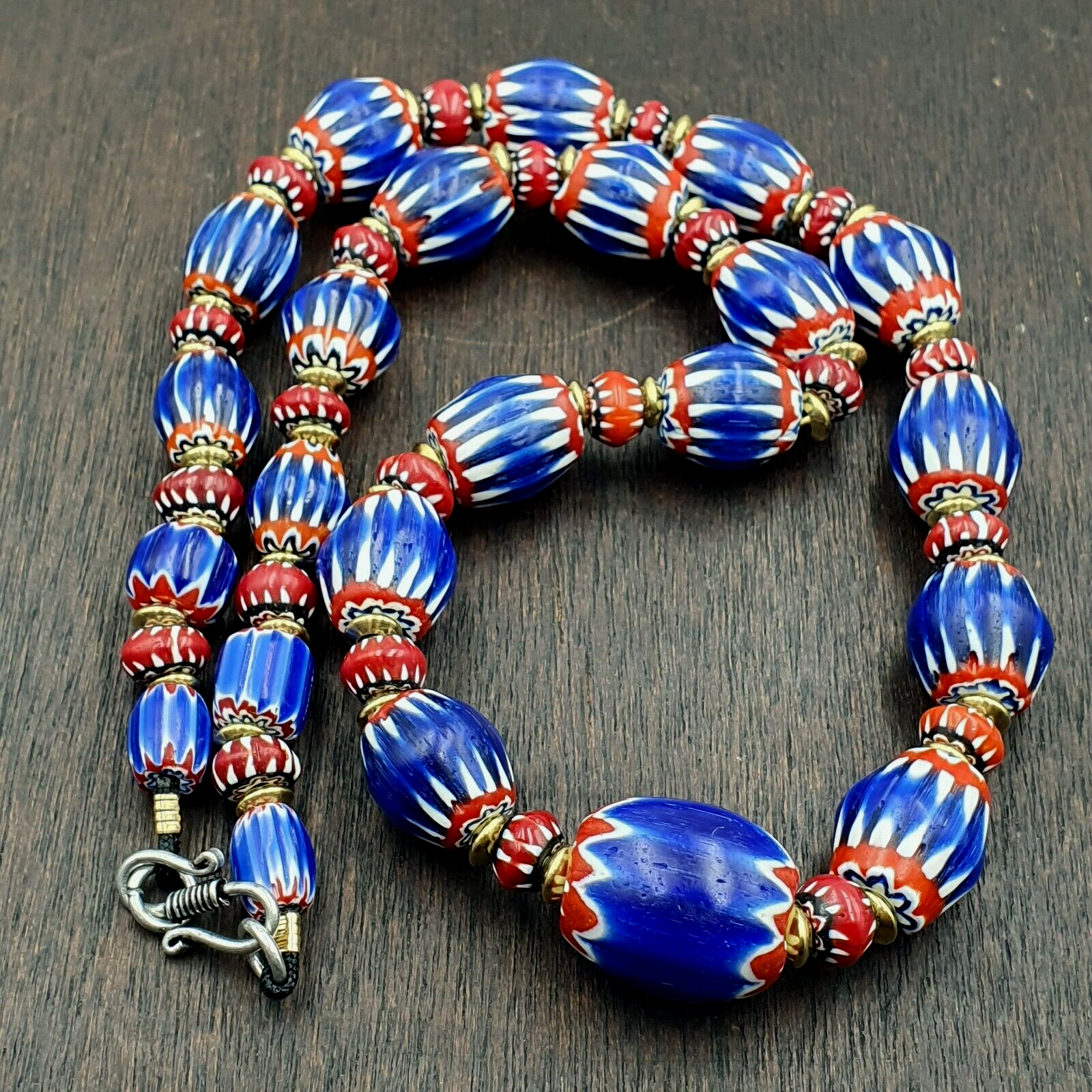 Vintage Blue Chevron & Venetian Style 6mm Red Chevron Beads Necklace NC-B-3