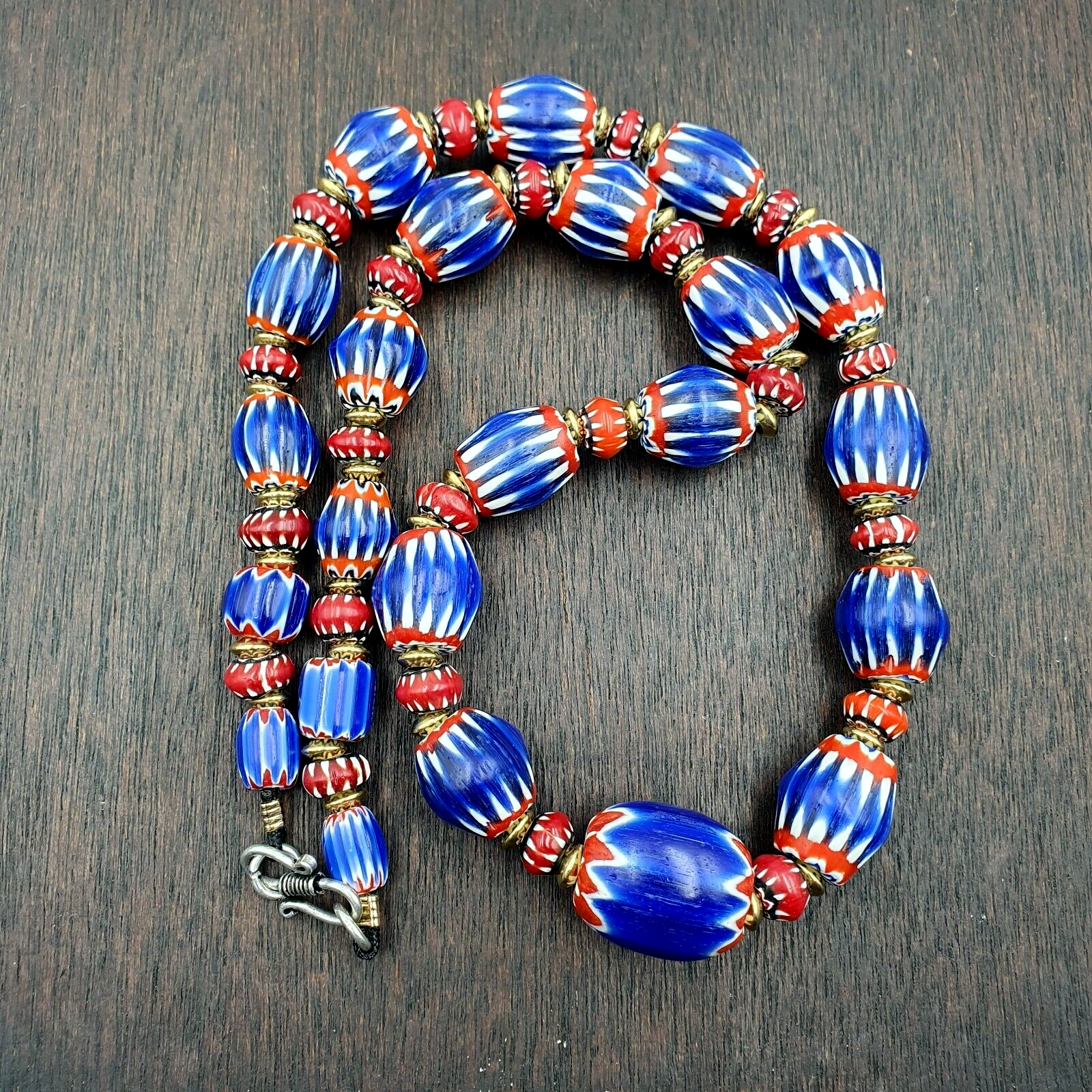 Vintage Blue Chevron & Venetian Style 6mm Red Chevron Beads Necklace NC-B-3