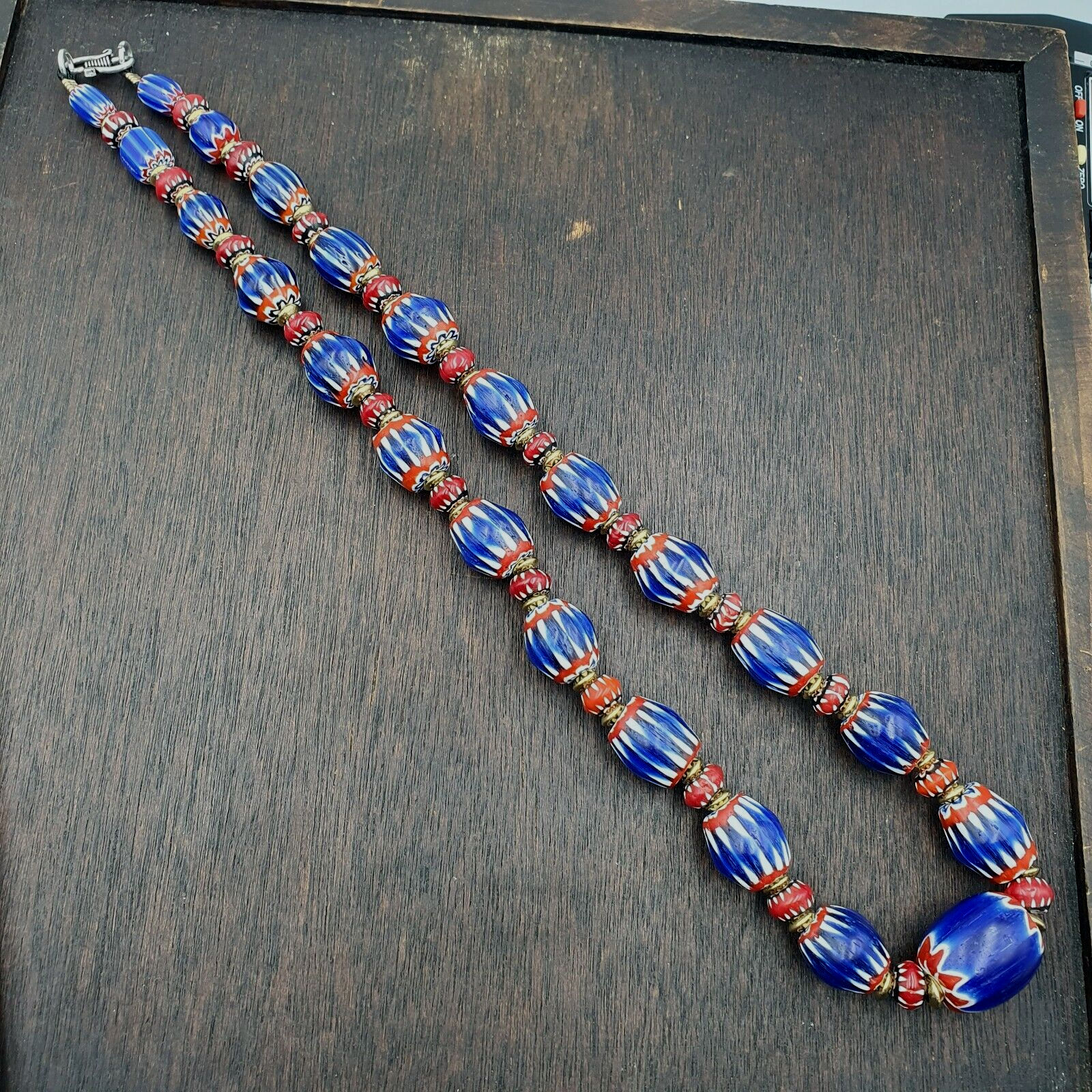 Vintage Blue Chevron & Venetian Style 6mm Red Chevron Beads Necklace NC-B-3