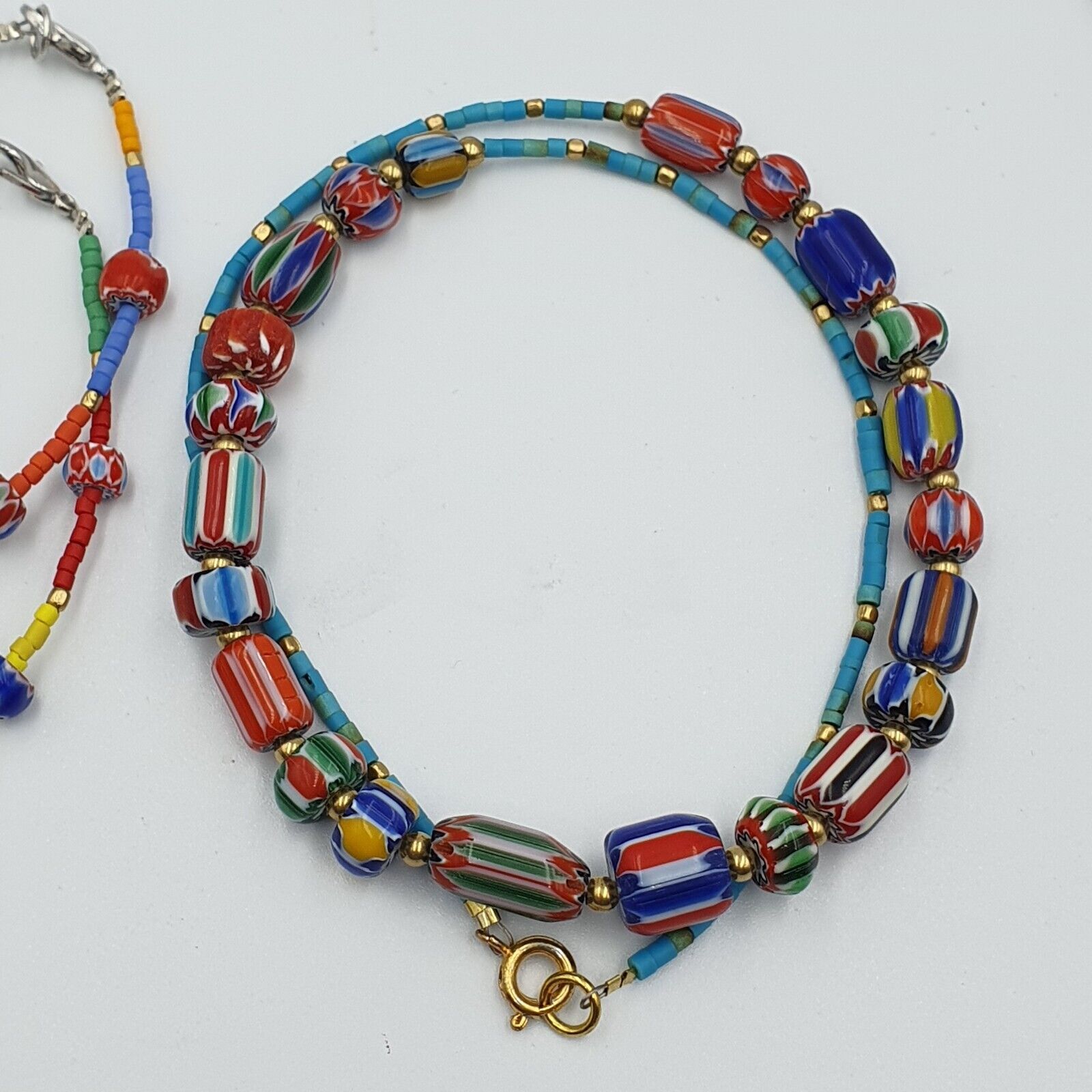 Set Vintage Venetian Style Chevron and Tiny Turquoise Seed  Beads Necklace.