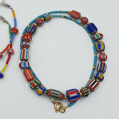 Set Vintage Venetian Style Chevron and Tiny Turquoise Seed  Beads Necklace.