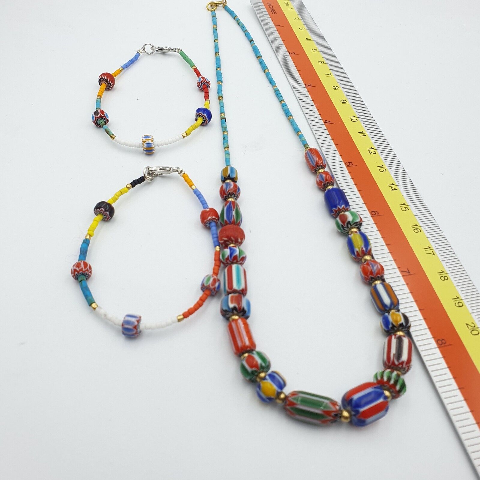 Set Vintage Venetian Style Chevron and Tiny Turquoise Seed  Beads Necklace.